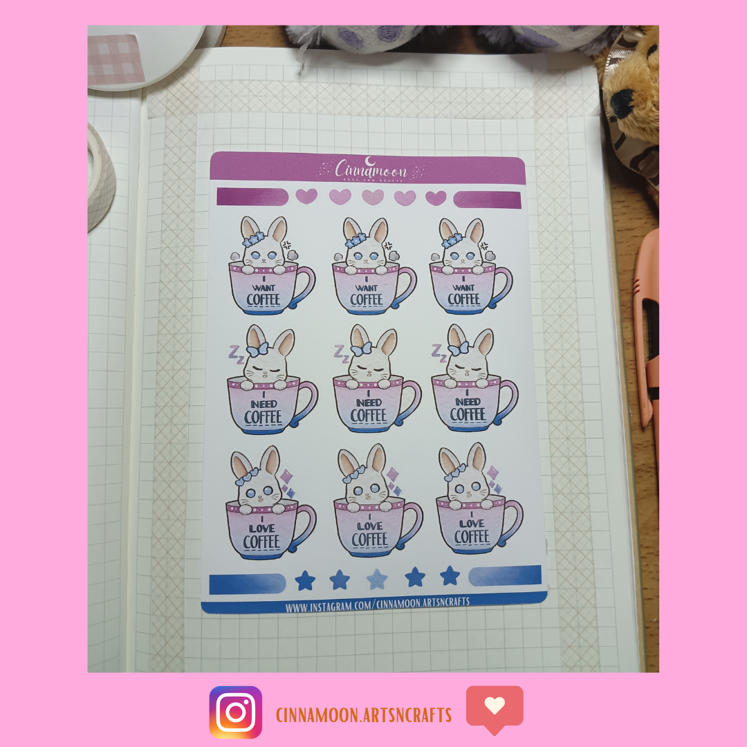Cute Bunnies in a Cup Sticker Sheets - Cotton Candy | Cute Bunny Stickers - Cotton Candy | CAS-0005