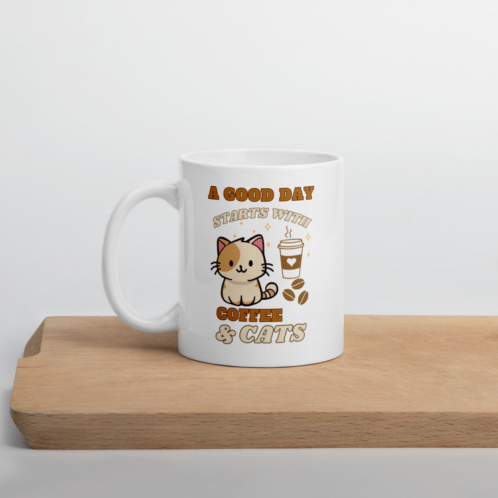 A Good Day Starts with Coffee and Cats Ceramic Mug by Kuroneko Ink