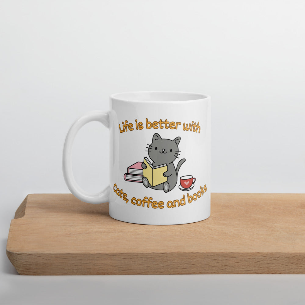 Life is Better with Cats, Coffee and Books Ceramic Mug by Kuroneko Ink