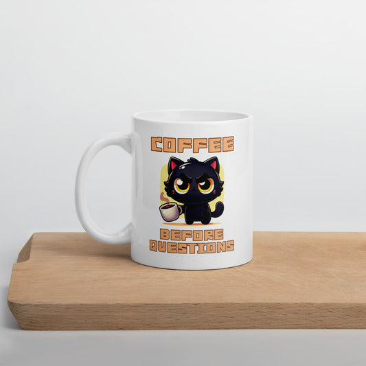 Coffee Before Questions Ceramic Mug by Kuroneko Ink