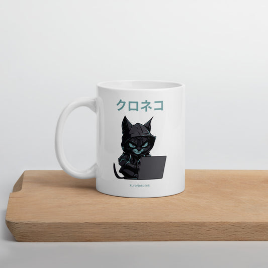 Hacker Cat Ceramic Mug by Kuroneko Ink