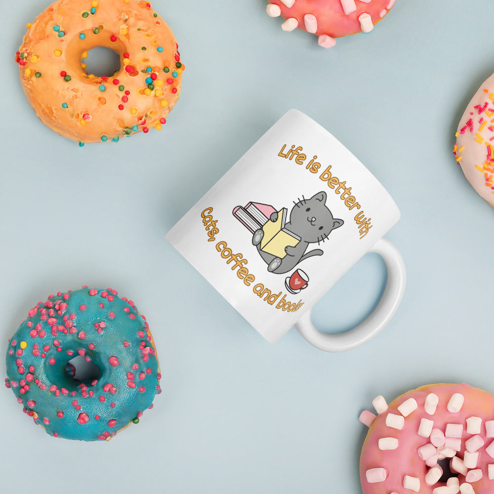 Life is Better with Cats, Coffee and Books Ceramic Mug by Kuroneko Ink