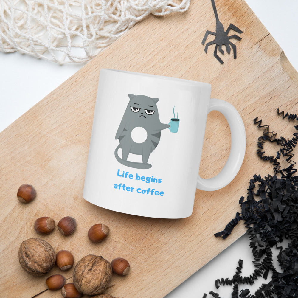 Life Begins After Coffee Ceramic Mug by Kuroneko Ink