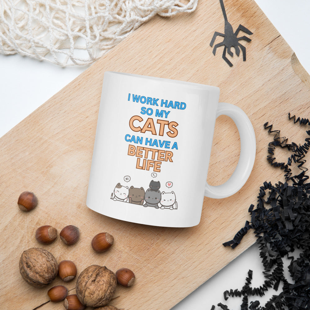 Work Hard for My Cats Ceramic Mug by Kuroneko Ink