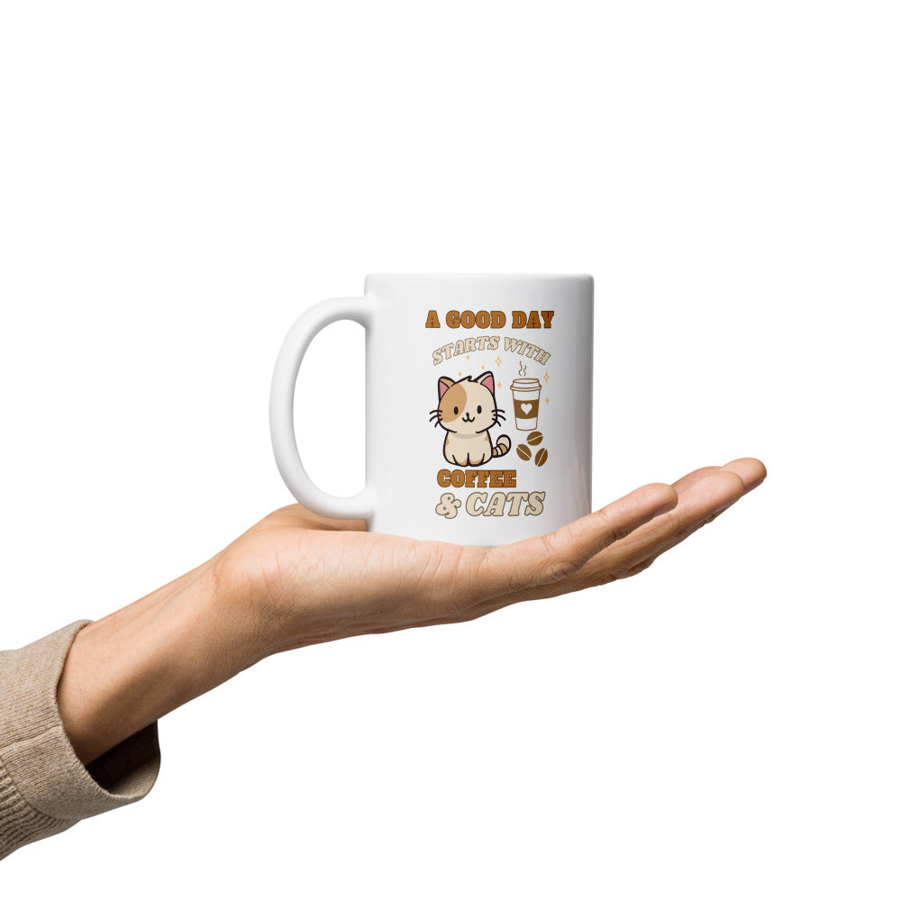 A Good Day Starts with Coffee and Cats Ceramic Mug by Kuroneko Ink