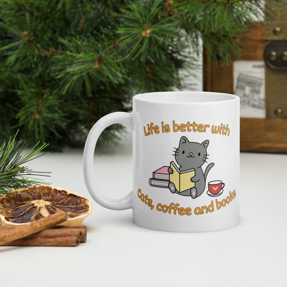 Life is Better with Cats, Coffee and Books Ceramic Mug by Kuroneko Ink