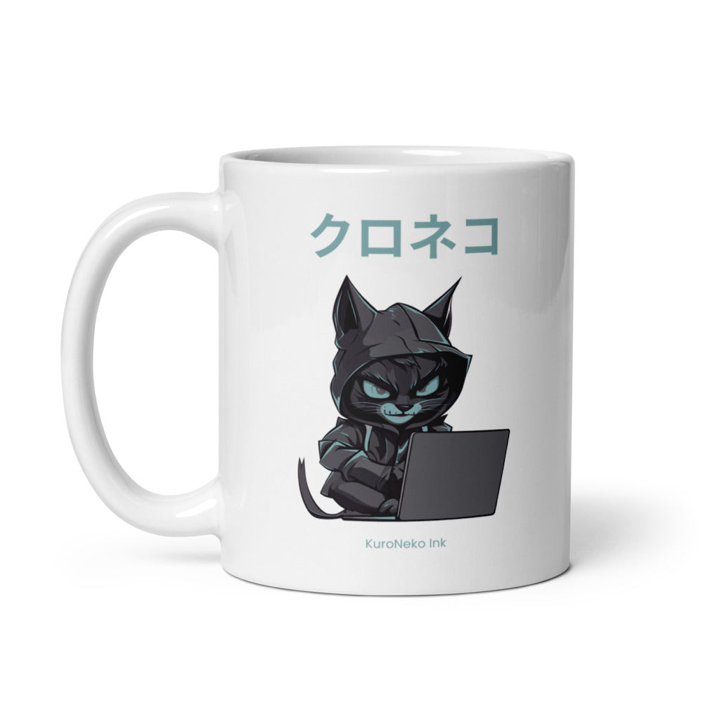 Hacker Cat Ceramic Mug by Kuroneko Ink