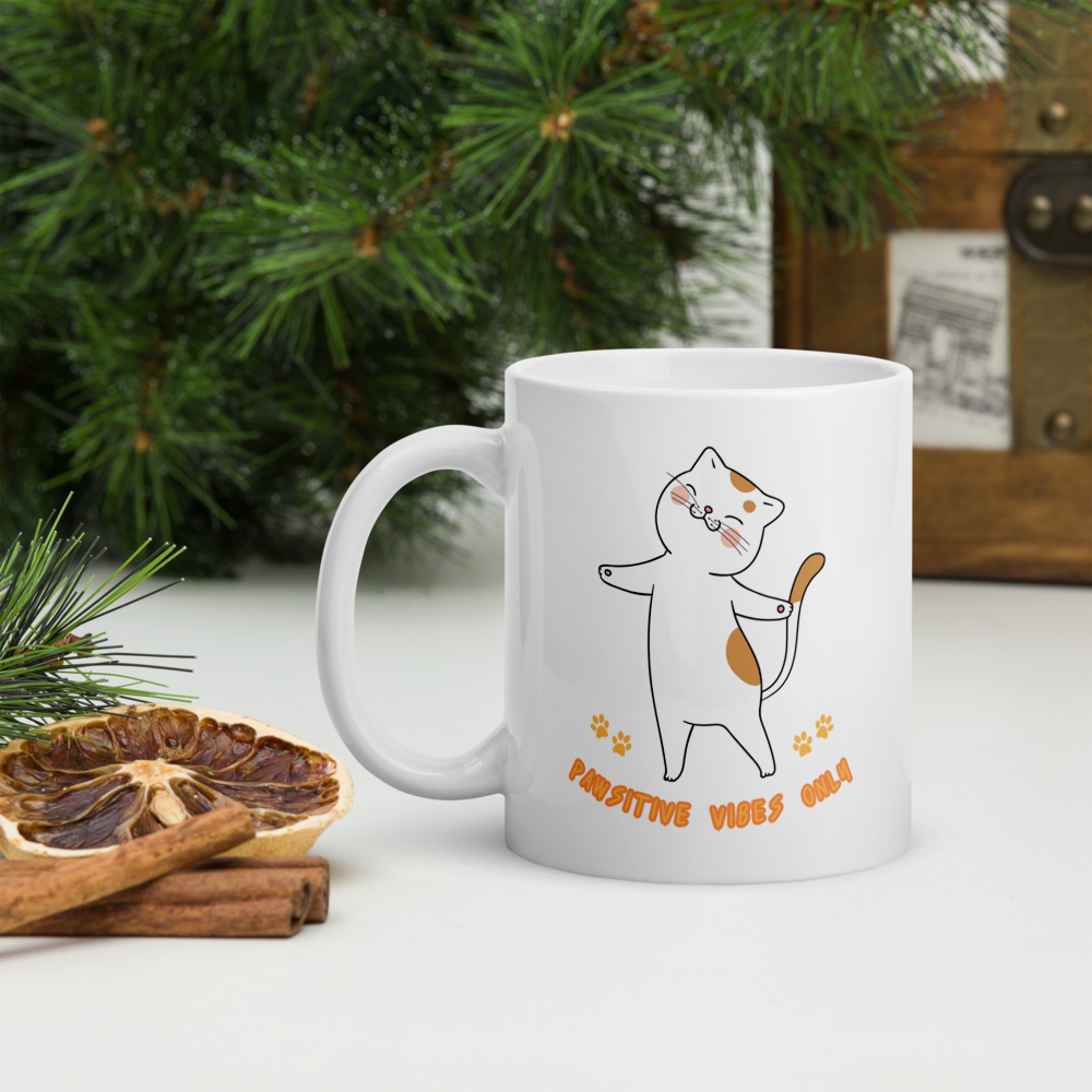 Pawsitive Vibes Only Ceramic Mug by Kuroneko Ink