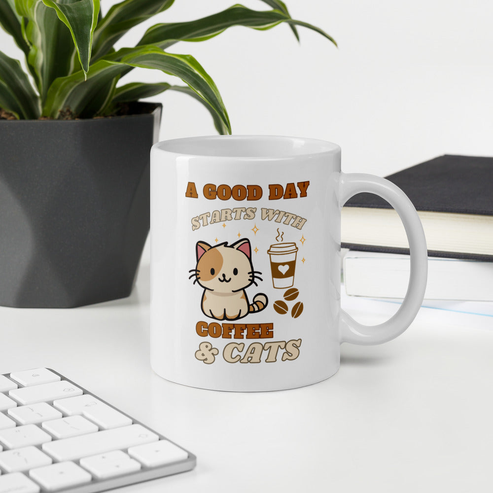 A Good Day Starts with Coffee and Cats Ceramic Mug by Kuroneko Ink