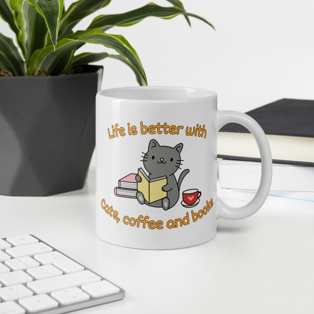 Life is Better with Cats, Coffee and Books Ceramic Mug by Kuroneko Ink