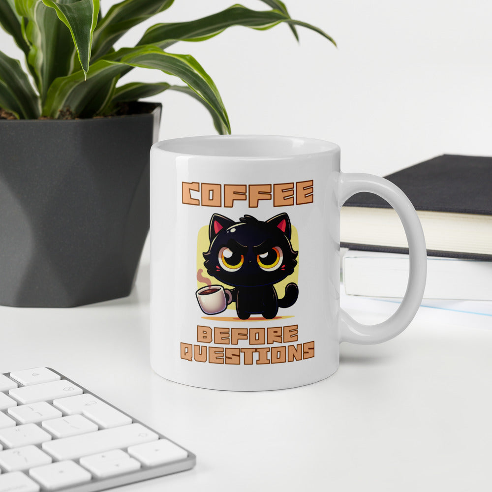 Coffee Before Questions Ceramic Mug by Kuroneko Ink