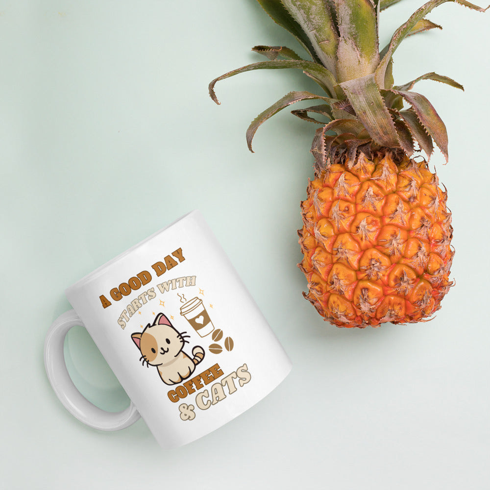 A Good Day Starts with Coffee and Cats Ceramic Mug by Kuroneko Ink