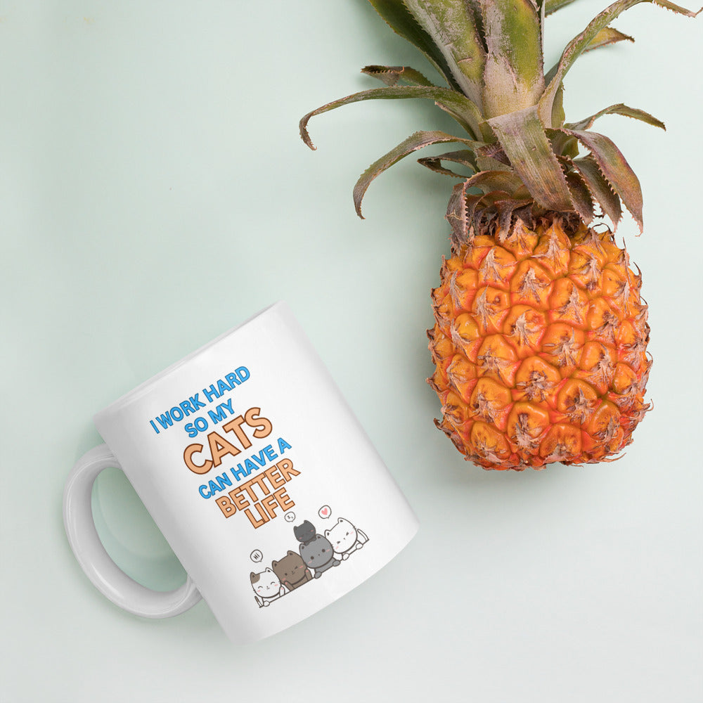 Work Hard for My Cats Ceramic Mug by Kuroneko Ink