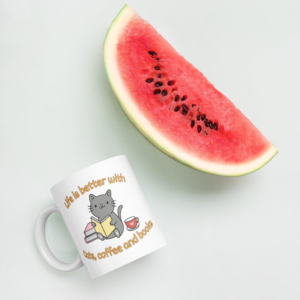 Life is Better with Cats, Coffee and Books Ceramic Mug by Kuroneko Ink