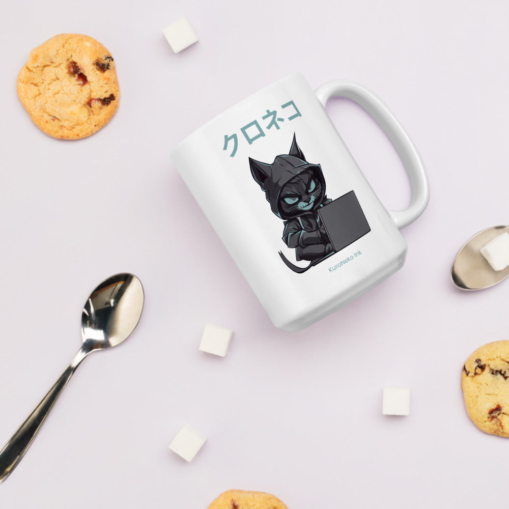 Hacker Cat Ceramic Mug by Kuroneko Ink