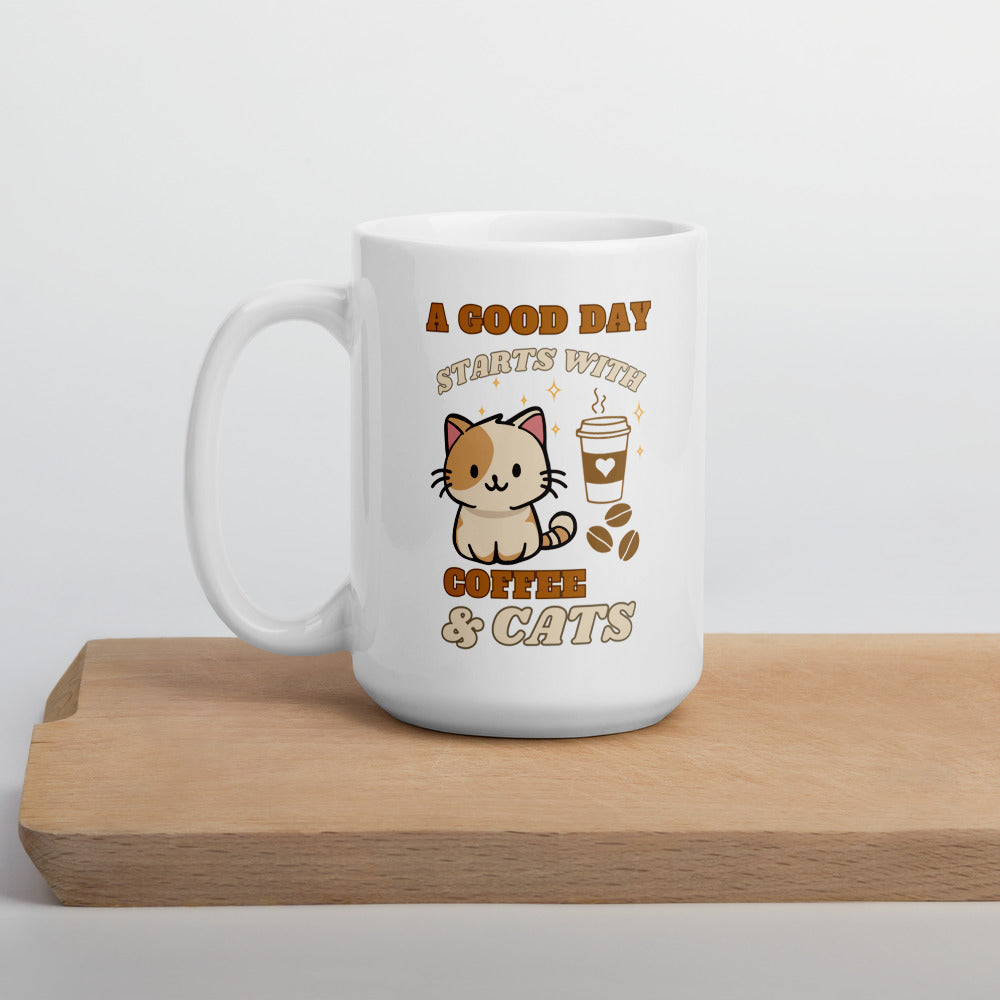 A Good Day Starts with Coffee and Cats Ceramic Mug by Kuroneko Ink