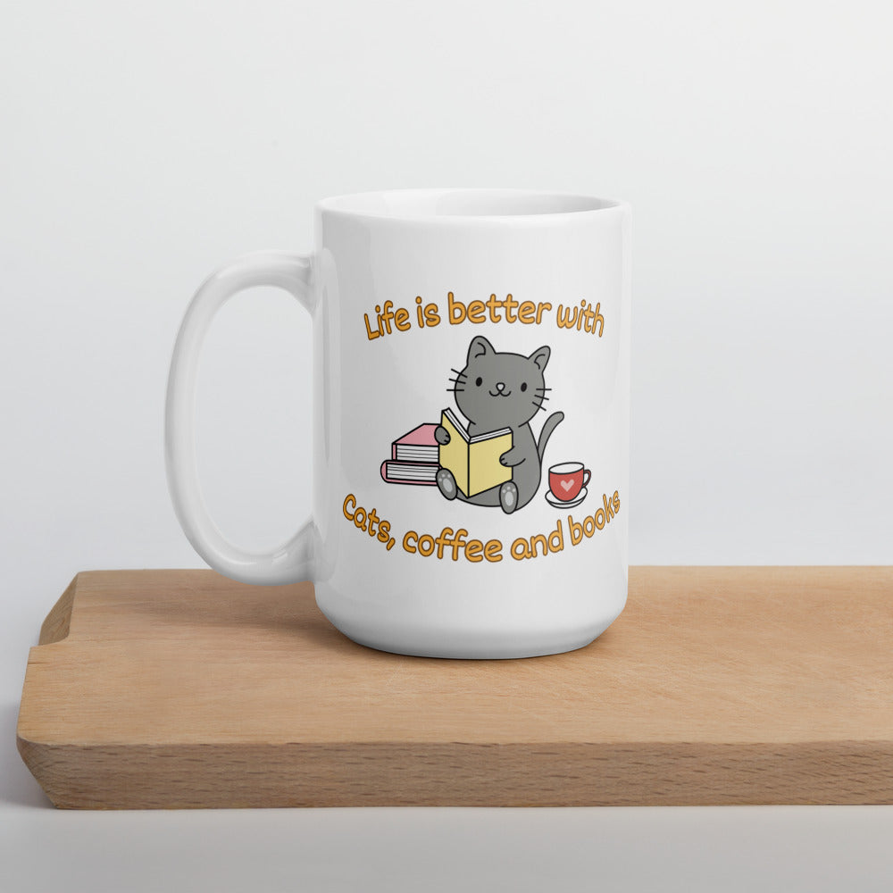 Life is Better with Cats, Coffee and Books Ceramic Mug by Kuroneko Ink