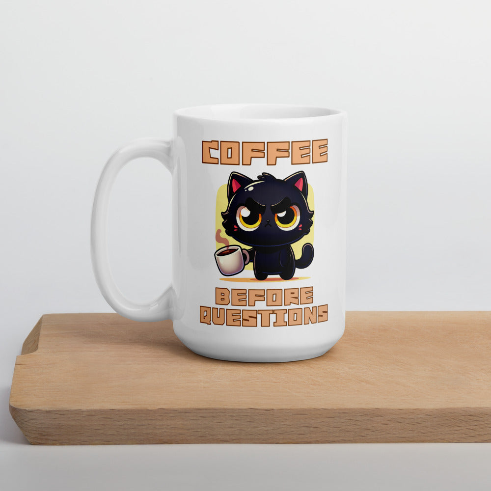 Coffee Before Questions Ceramic Mug by Kuroneko Ink