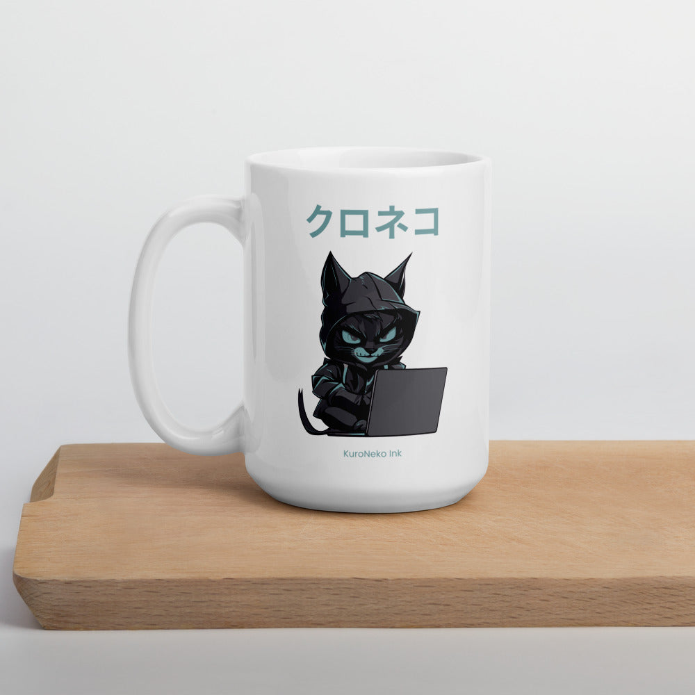 Hacker Cat Ceramic Mug by Kuroneko Ink