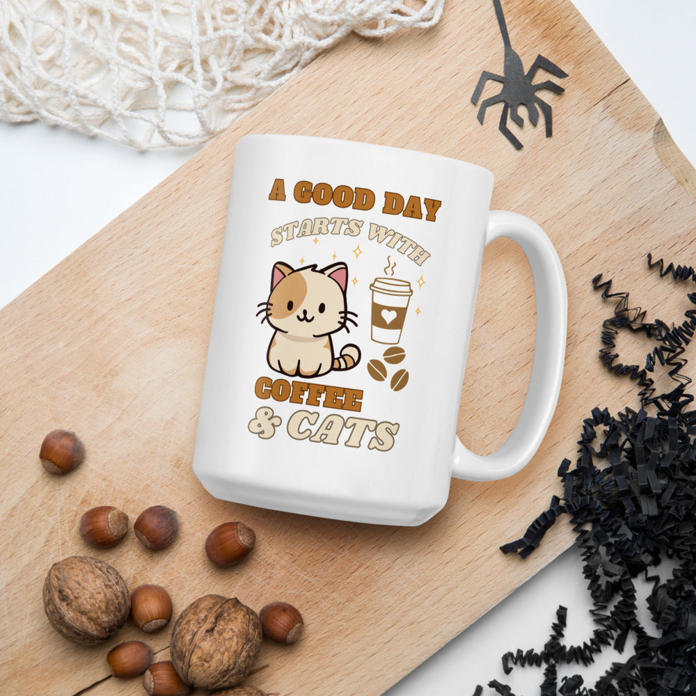 A Good Day Starts with Coffee and Cats Ceramic Mug by Kuroneko Ink