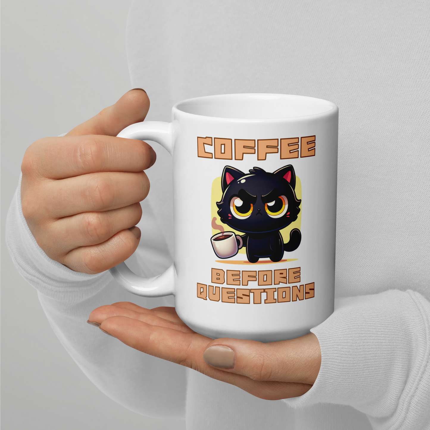 Coffee Before Questions Mug by Kuroneko Ink | 15oz