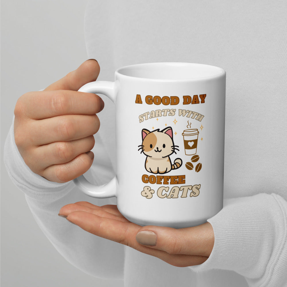 A Good Day Starts with Coffee and Cats Ceramic Mug by Kuroneko Ink