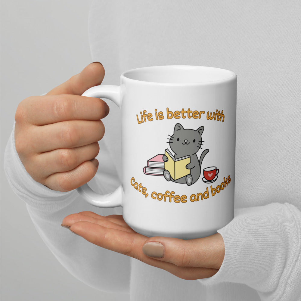 Life is Better with Cats, Coffee and Books Ceramic Mug by Kuroneko Ink