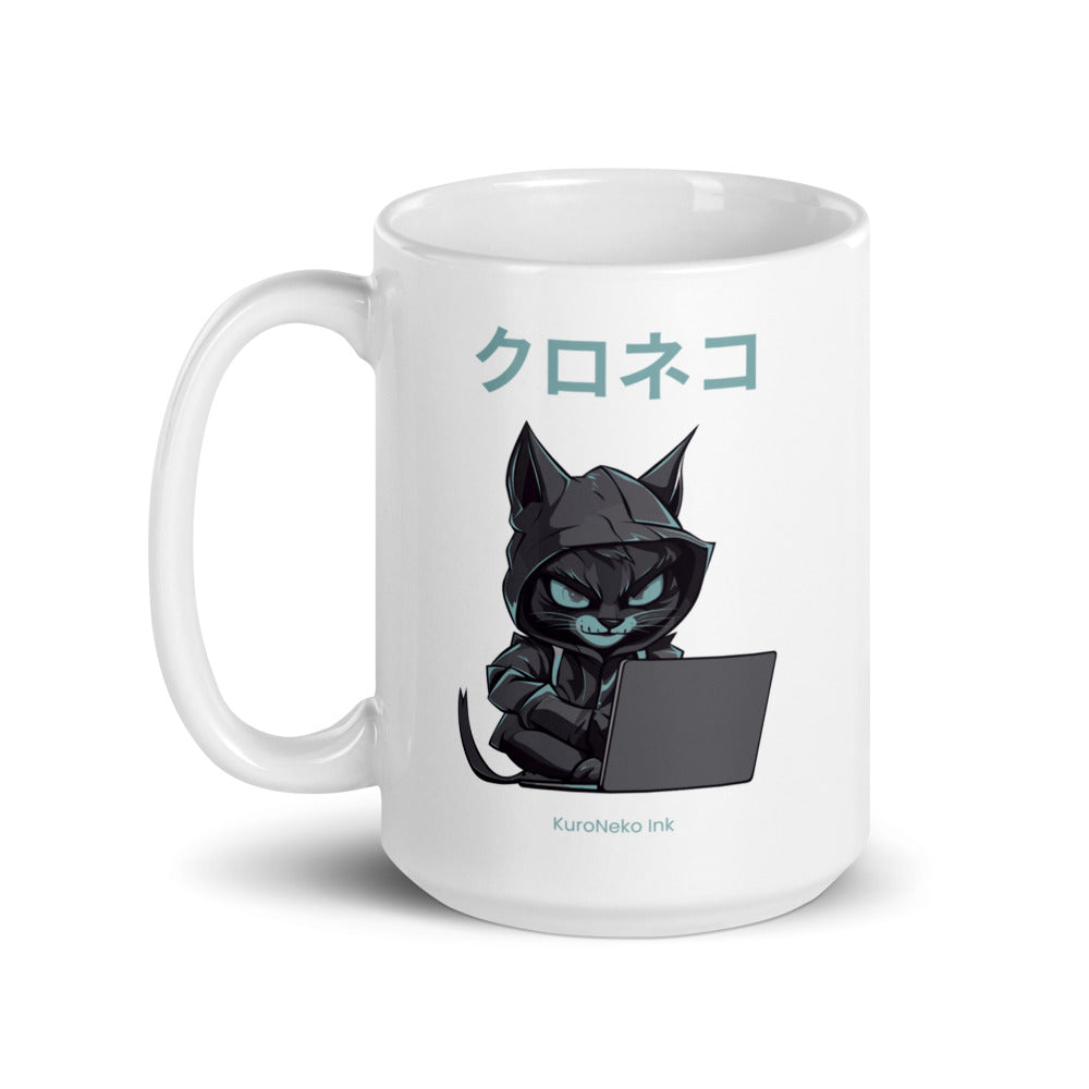 Hacker Cat Ceramic Mug by Kuroneko Ink