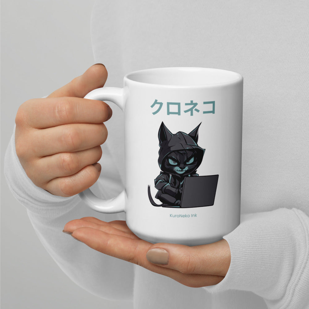 Hacker Cat Ceramic Mug by Kuroneko Ink