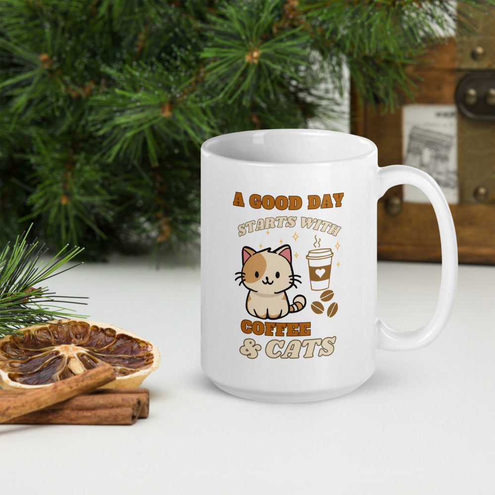 A Good Day Starts with Coffee and Cats Ceramic Mug by Kuroneko Ink