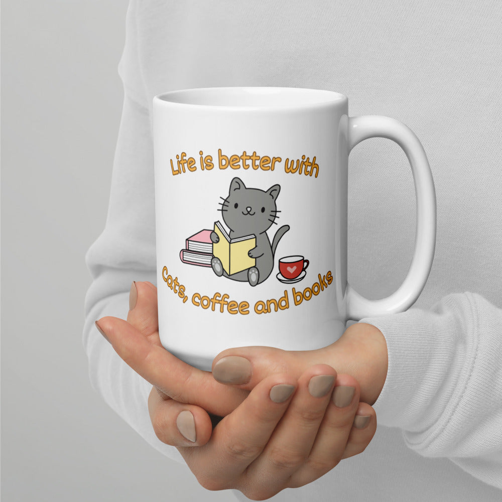 Life is Better with Cats, Coffee and Books Ceramic Mug by Kuroneko Ink