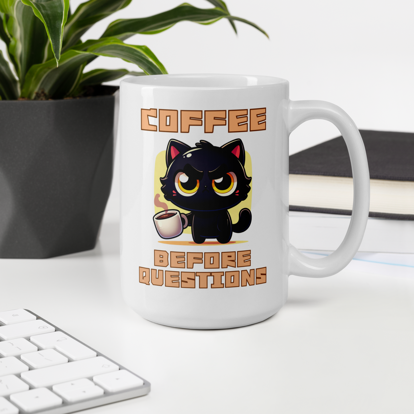 Coffee Before Questions Mug by Kuroneko Ink | 15oz