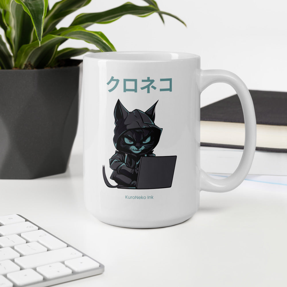 Hacker Cat Ceramic Mug by Kuroneko Ink